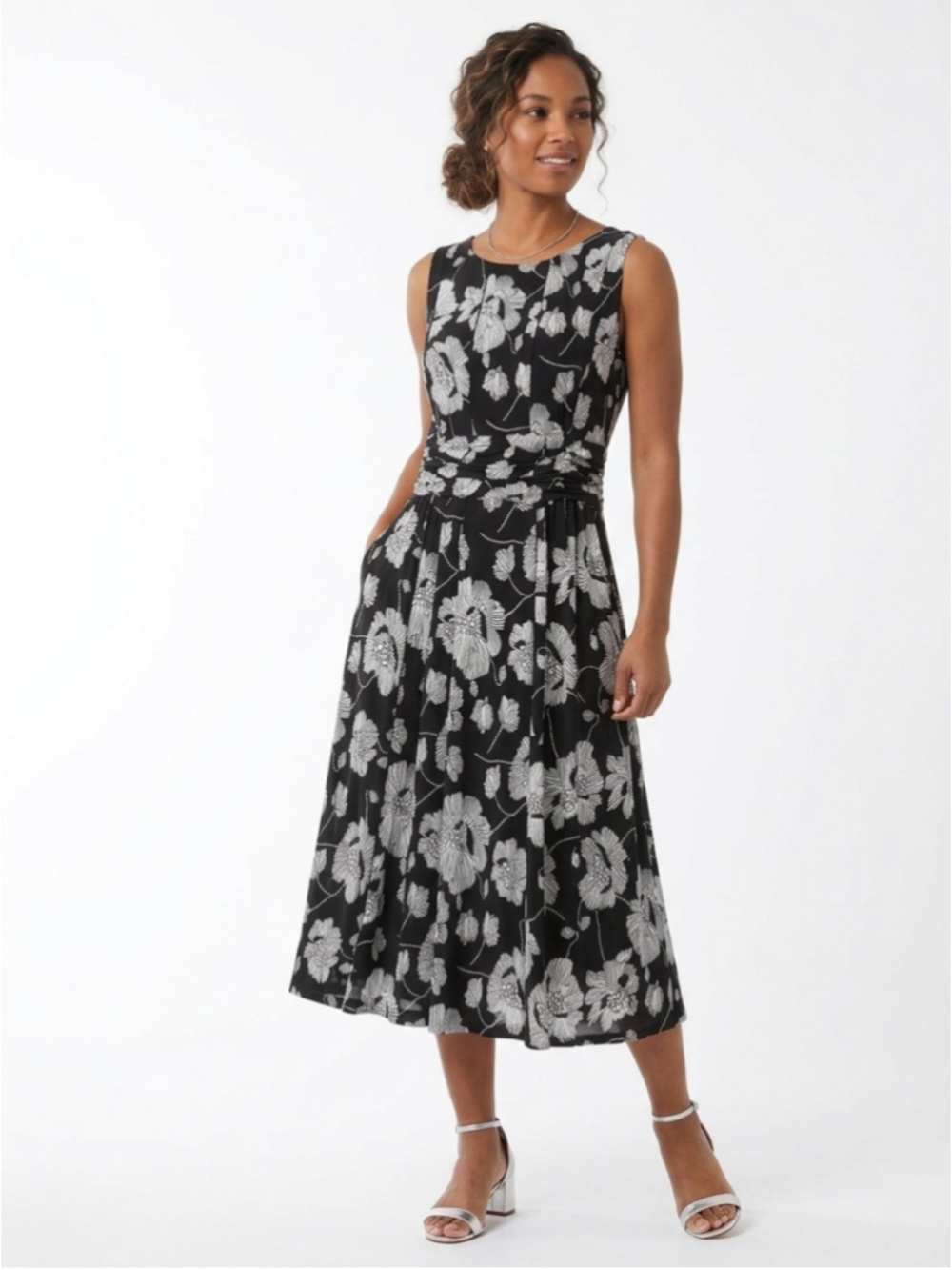 Laura Black White Floral Maxi Dress Sleeveless Ruched Waist Size 14 - 1066